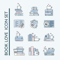 Buch-Liebe-Icon-Set. Buchstapel, Kaffee- oder Teebecher und Pappbecher. vektor
