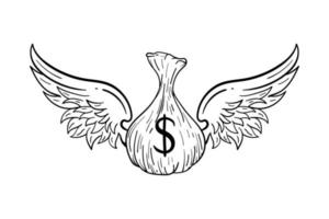 hand gezeichnetes geld mit flügeln kritzeln illustration für tätowierungsaufkleberplakat etc vektor