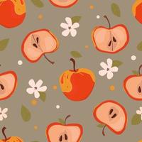 äpplen hela och halva mönster. röda saftiga äpplen på ett mönster för textilier, servetter, bakgrund. frukt mönster. vektor