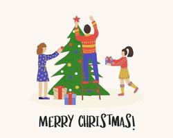 frohe weihnachten grußkarte. glückliche familie, die sich auf den urlaub vorbereitet und den weihnachtsbaum schmückt. vektor
