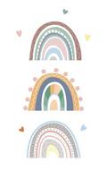 Regenbogenkollektion im Boho-Stil, Pastellfarben. abstrakte handgezeichnete Drucke. minimalistischer skandinavischer regenbogen mit verschiedenen dekorativen elementen aus gekritzeln, linien, herz. romantisches Design. vektor
