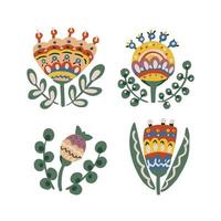 botaniska element för design. blommor i folklig etnisk stil. för att göra mönster, inbjudningar, vykort. rustik folklore. ljusa trendiga färger. vektor