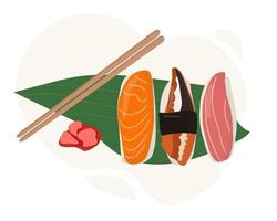 Reihe traditioneller japanischer Gerichte aus Brötchen und Sushi mit Meeresfrüchten. auf einem Palmblatt serviert vektor