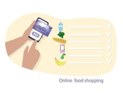 Essen über den Online-Shop bestellen. Zahlung per Kreditkarte. Warenauswahl im Supermarkt. konzept der sicheren hauszustellung. vektor