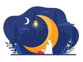ramadan-nacht mit muslimischer frau, die al quran liest das heilige buch des islams flache illustration moschee bogen hintergrund traditioneller hängender laternenlichtverzierungsvektor vektor