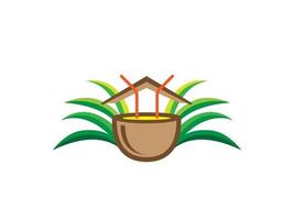 Natururlaubslogo mit Kokosnussfruchtgetränk, Haussymbol, Naturpflanze für den Tourismus. vektor