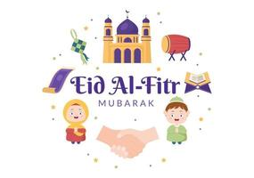 fröhliche eid ul-fitr mubarak cartoon-hintergrundillustration mit bildern von moscheen, ketupat, bedug und anderen, die für poster geeignet sind vektor