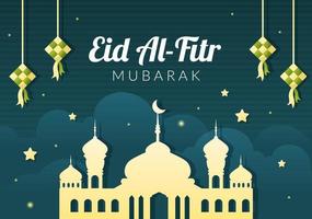 glad eid ul-fitr mubarak bakgrundsillustration med bilder av moskéer, måne, antenner och andra lämpliga för affischer vektor