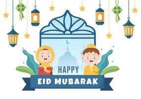 glad eid ul-fitr mubarak bakgrundsillustration. muslimska människor firar med skakande hand som önskar varandra och ber om ursäkt i platt stil vektor