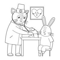 vektor kontur djurläkare som behandlar patienten. katt som tar blodtryck från kanin. söta roliga karaktärer. medicin målarbok för barn. sjukhus scen isolerad på vit bakgrund