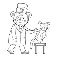 Vektorumriss Tierarzt, der Patienten behandelt. Bär hört Katzenlungen zu. süße lustige Charaktere. Malvorlagen Medizin für Kinder. Krankenhausszenen isoliert auf weißem Hintergrund vektor