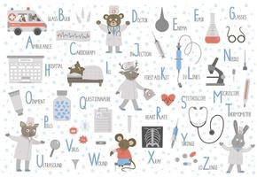 medizinisches alphabet für kinder. niedliches flaches abc mit symbolen und ausrüstung des gesundheitswesens. lustiges plakat der horizontalen layoutmedizin für das unterrichten des lesens auf weißem hintergrund. vektor