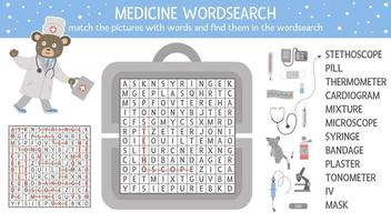 Vektor-Gesundheits-Wortsuchpuzzle mit Bildern. Medizin Quiz für Kinder. pädagogische kreuzworträtselaktivität mit süßer medizinischer ausrüstung und arzt vektor