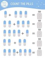 mattespel med medicinska symboler. medicin matematisk aktivitet för förskolebarn. utskrivbart kalkylblad. pedagogisk tilläggsgåta med söta roliga element. vektor