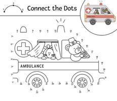 Vektor-Punkt-zu-Punkt-Aktivität mit Krankenwagen und niedlichen Tieren. Verbinde das Punktespiel. Bärenarzt fährt Notfallauto mit kranker Maus. lustige Malvorlagen für spezielle medizinische Transporte für Kinder.