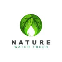 grünes blatt oder blätter natur mit wassertropfenlogo. natürliches wasser frisches logo design vektorvorlage vektor