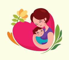 glad mors dag tecknad mamma håller barn med hjärtform och blomma bakgrundsillustration vektor