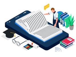 student läser e-bok på smarhphone, öppen onlinebok på mobiltelefon, e-learning-koncept. elev gör online-inlärning. hane med smarthphone och böcker illustration. vektor