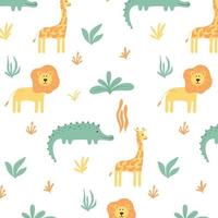 barnsligt mönster med djungeldjur. handritade söta mönster med krokodil, lejon och giraff. safari pattern.vector illustration. vektor