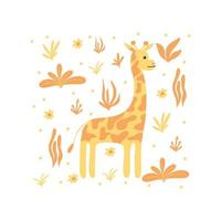 süße giraffe mit pflanzen. kinderkarte mit gelber giraffe. gezeichneter stil. vektorillustration. geeignet für Drucke, Postkarten, Poster. vektor