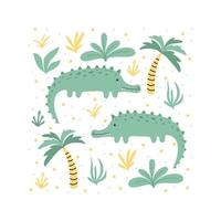 zwei süße Krokodile. Kinderposter mit Krokodilen und Palmen. Postkarte mit Aligatori. handgezeichneter Stil. Vektor-Illustration. vektor
