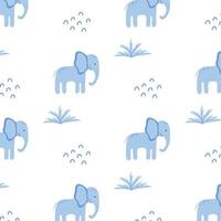 barnsligt mönster med söt elefant. ritat mönster med blå elefant och växter. vektor