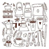 Doodle-Set mit Kaffeetassen. Zubereitung von Kaffee. Doodle-Pflanzen. Zuckerstangen. Strohhalme für Getränke. vektor handgezeichnete illustration.