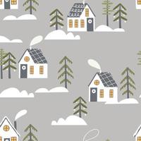 Flaches Muster mit Winterhäusern, Tannen, Schneeverwehungen. Design für Stoff, Packpapier, Hintergrund. vektor