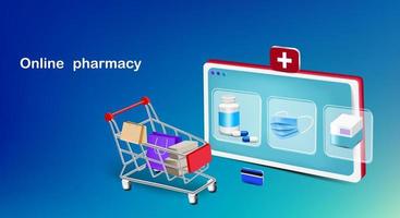 medizinische gesichtsmaske mit tablettenkapsel und einkaufstasche für online-apotheke vektor