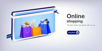 present med shoppingväska och kort för online shopping vektor