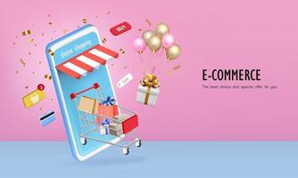 Das Smartphone schwebt mit Einkaufswagen und Ballon zum Online-Shopping