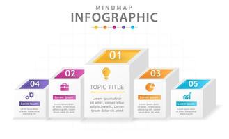 Infografik-Vorlage für Unternehmen. 5 Schritte modernes Mindmap-Diagramm mit 3D-Boxen, Präsentationsvektor-Infografik.