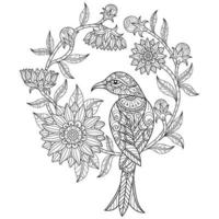 Vogel- und Sonnenblumenhand gezeichnet für erwachsenes Malbuch vektor