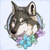 Illustration eines wilden grauen Wolfskopfes mit blauen Augen, der sein Ziel in einem bunten Blumenkranz fixiert