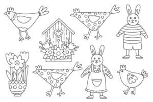 Set mit süßen Tieren. lustige Hühner, Hasen- oder Hasenkinder und Gänseblümchen. Feder handgezeichnete Doodle-Vektor-Illustration schwarzer Umriss. ideal für osterdesign. vektor
