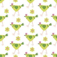 Nahtloses Muster mit bunten dekorativen grünen Hühnern und Kamillenblüten. ideal für Stoff, Geschenkpapier, Osterdesign. hand gezeichnete flache illustration auf weißem hintergrund vektor
