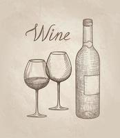 dryck vin set. restaurang bar meny kort banner. vinglas, flaska, bokstäver över gammaldags bakgrund vektor