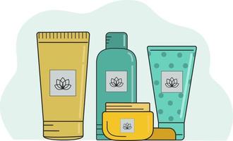vektor handgezeichnete illustration von kosmetischen produkten für die hautpflege. Illustrationen für Websites, Zeitschriften und Anwendungen
