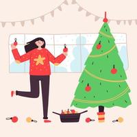 Eine Frau schmückt einen Weihnachtsbaum. Weihnachten. Neujahrsferien und Haus. handgezeichneter Stil vektor