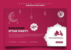 Banner-Vorlage auf rosa und weißem Hintergrund mit Mond- und Laternendesign. Iftar bedeutet Frühstücken und arabischer Text bedeutet Ramadan.