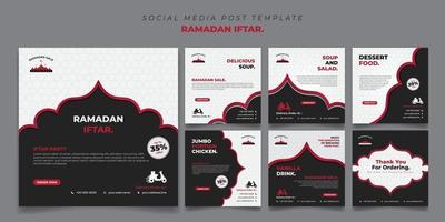 Quadrat der Social-Media-Beitragsvorlage in Schwarzweiß mit rotem islamischem Hintergrunddesign. iftar bedeutet frühstücken und marhaban bedeutet willkommen. vektor