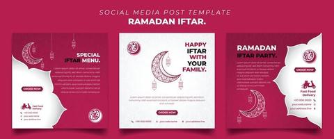 Satz quadratischer Social-Media-Beitragsvorlagen in Pink und Weiß mit Laternen- und Monddesign. Iftar bedeutet Frühstücken und arabischer Text bedeutet Ramadan. vektor