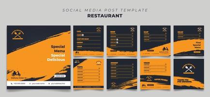 Eleganz schwarz-gelbe Social-Media-Vorlage mit Speisekarte im quadratischen Design. quadratisches restaurantschablonendesign in den farben schwarz und gelb. vektor