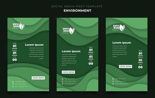Social-Media-Beitragsvorlage im Hochformat mit grünem Papierschnitthintergrund für Umgebungsdesign vektor
