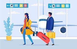 Frau und Mann mit Koffer am Flughafen. Tourist mit Tasche. Menschen, die in den Urlaub reisen. Vektordesign vektor