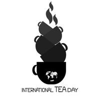 Internationaler Teetag, Silhouetten von Tassenstapeln, Aroma und schematisches Bild der Weltkarte, thematische Inschrift vektor