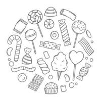 handritad uppsättning godis och godis doodle. lollipop, kola, choklad, marshmallow i skissstil. vektor illustration isolerad på vit bakgrund.