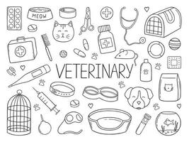 handritad uppsättning husdjur veterinär doodle. förnödenheter och tillbehör för hundar och katter i skissstil. skål, leksaker, krage, mat, kennel. vektor illustration isolerad på vit bakgrund.