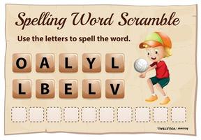 Rechtschreib-Wort-Scramble-Vorlage mit Wort-Volleyball vektor