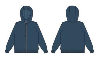 långärmad hoodie teknisk mode platt skiss vektorillustration marinblå färg mall fram och bak vyer isolerad på vit bakgrund. vektor